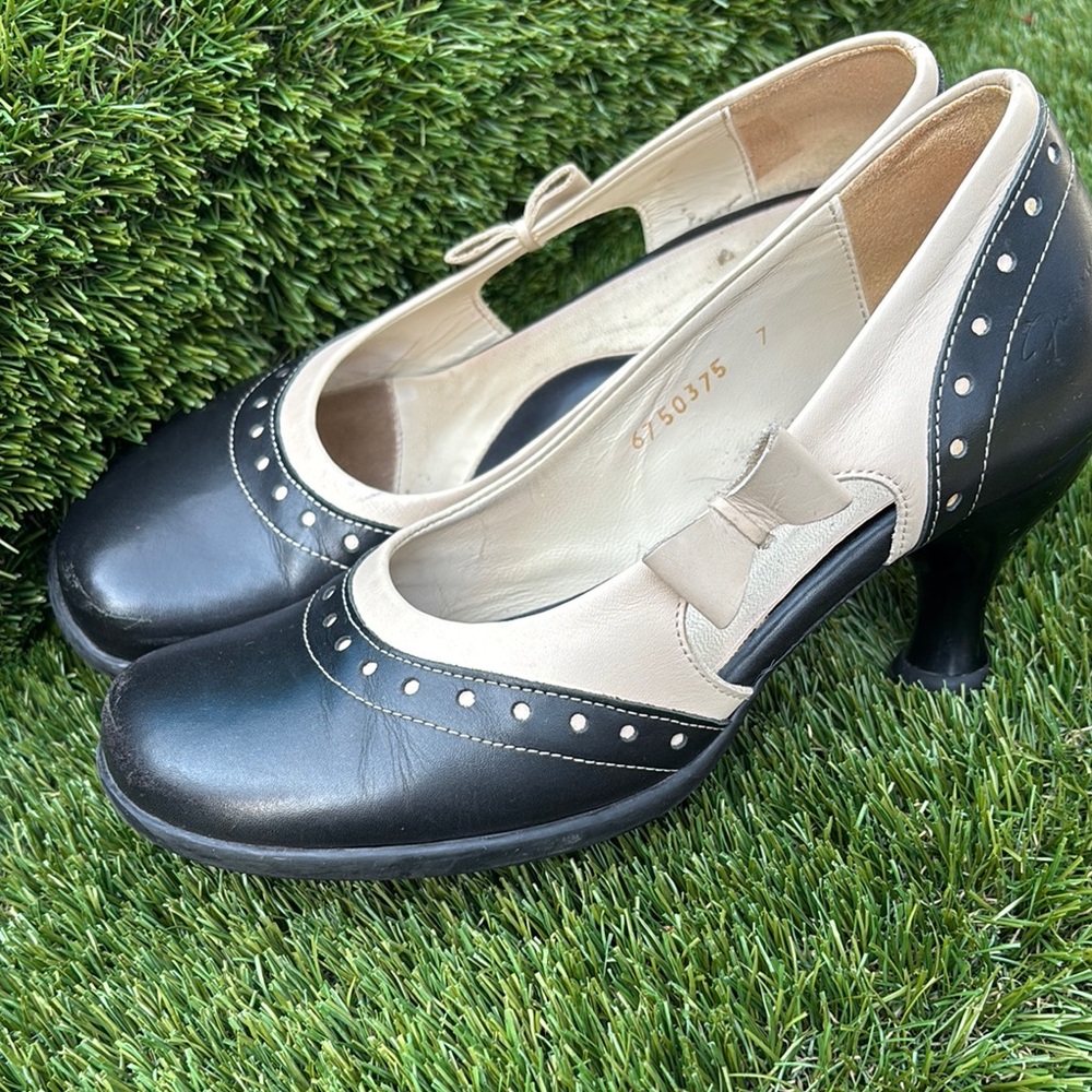 John Fluevog Black and Cream Heels with Bow Detail